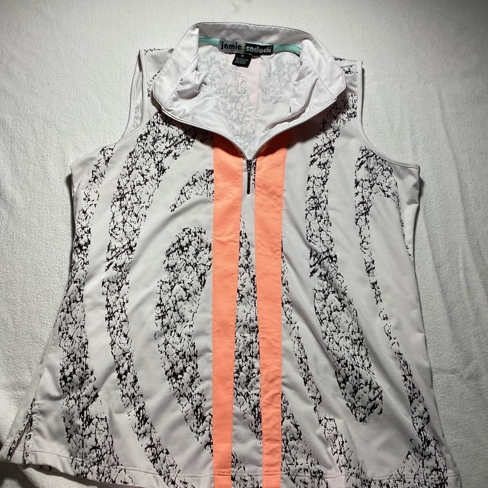 Jamie Sadock Womens Sleeveless Golf Top White Black Coral Abstract Zip Medium